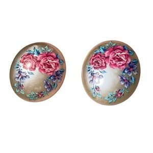 Limoges Vintage Floral Rose Domed Cabochon Oval Stud Earrings 1.25 in